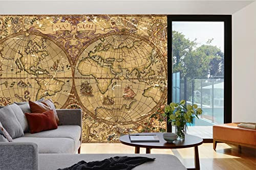 Vlies Fototapete VINTAGE ILLUSTRATION DER WELTKARTE 375 x 250 cm (inkl. Kleister) - Vlies Tapete, Wandtapete, Wandbilder - Tapete für Wohnzimmer Schlafzimmer, Büro, Küche - Montagefertig