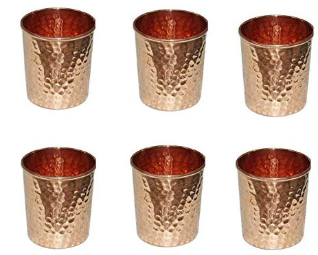 Aakrati Juego de 6 vasos de vidrio de cobre martillado para ayurvédico