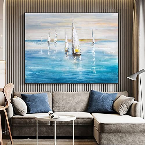 Handgemalte Acrylbilder Abstrakt,Original Moderne Kunst Bilder Ozean Segelboot Handgemaltes Ölgemälde Fotografie Kunst Strukturiertes Kunstwerk Rahmenlose Horizontale Wandmalerei Für Wohnzimmer S