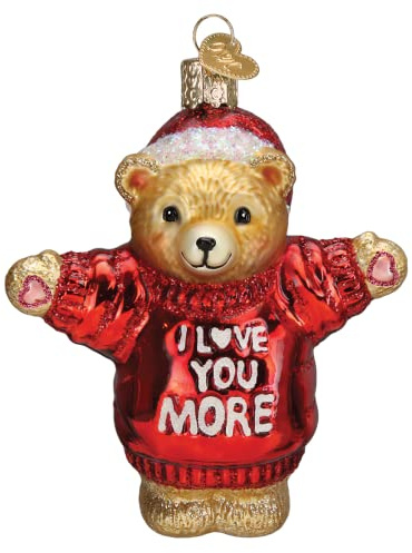 Old World Christmas I Love You More Bear Glass Blown Ornament for Christmas Tree, Handcrafted Holiday Decoration, Valentines Day Collection