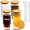 CAYOREPO Gerippte Trinkgläser mit Bambusdeckel und Strohhalmen, geriffelte Glasbecher, stapelbare Gläser, Vintage-Wassergläser für Saft, Bier, Kaffee, Tee und Cocktails, 4-teiliges Set, 4 Stück