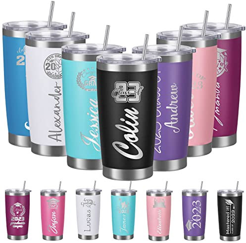 Hodmec Bicchieri da laurea personalizzati con coperchio e cannuccia, isolati personalizzati con incisione con nome, in acciaio inox, idea regalo per uomini e donne (590 ml, nero)