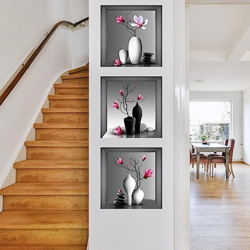 HGDESIGN® Wandtattoo Wandaufkleber 3D Vase Grüne Pflanzen Magnolie Wandsticker Wohnzimmer Schlafzimmer Wandbild Wanddeko (B)