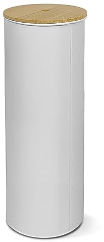 TIENDA EURASIA - Escobillero de Metal con Tapa de Bambu, 2 Colores, Portaescobilla de Inodoro, 9,5x9,5x27,2 cm, Metal, Plástico y Bambú, Escobilla 34 cm, para Limpieza del Baño (Escobillero Blanco)