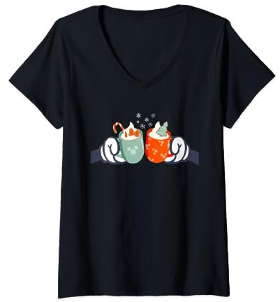 Disney Mickey and Minnie Mouse Holiday Christmas Cocoa Mugs T-Shirt avec Col en V
