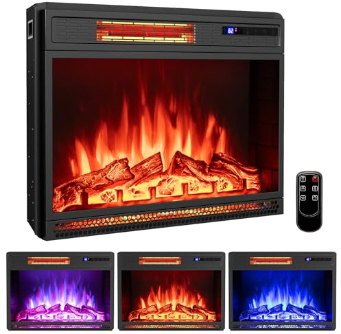TANGZON Recessed Electric Fireplace, Inset Freestanding Fire Heater with Flame Colors, Brightness, Remote Control & Thermostat (25, 900W/1800W, 3 Flame Color, 4 Brightness, with Logs)