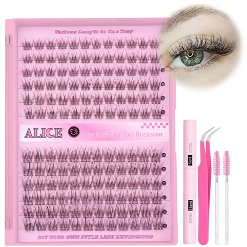 ALICE Kit de extensiones de pestañas de 9 a 11 mm, naturales, kit de racimos de pestañas, 144 piezas de pestañas individuales rizadas en C, pegamento de pestañas y sellado para principiantes