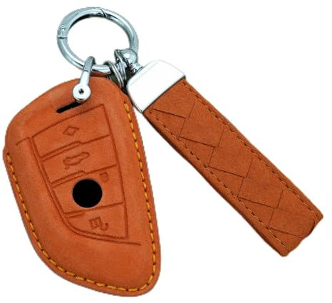 TECART Schlüsselhülle mit Schlüsselanhänger für BMW-Zubehör, Leder-Schlüsselhülle, kompatibel mit 2er-, 5er-, 6er-, 7er-Serie, X1, X2, X3, X5, X6, Langer Schlüsselanhänger, orange