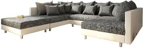 DELIFE Couch Clovis Weiss Schwarz mit Hocker Wohnlandschaft Modulsofa