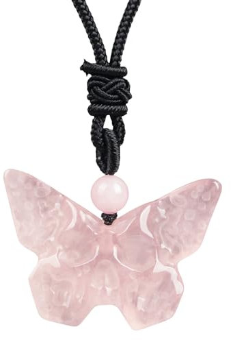 Lovionus89 Colgante de calavera de mariposa con piedras de cristal naturales, correa negra ajustable gótica tallada a mano, Piedra, Cuarzo rosa.