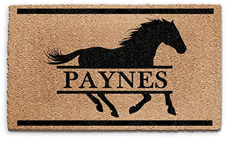 Hairyworm Personalised Doormat (45cm x 75cm) Small, Customise with Name, Initial, Text, Coconut Core Fibre Heavy Duty Mat, Rug, Name Black Horse Indoor Natural Coir Wide Door Mat