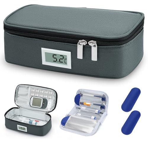 LYtech Borsa Termica per Insulina Con display della temperatura Custodia Termica per Insulina Con 2 Pacchetti di Ghiaccio Borsa Organizer per Medicamenti Refrigerati Astuccio di Diabete