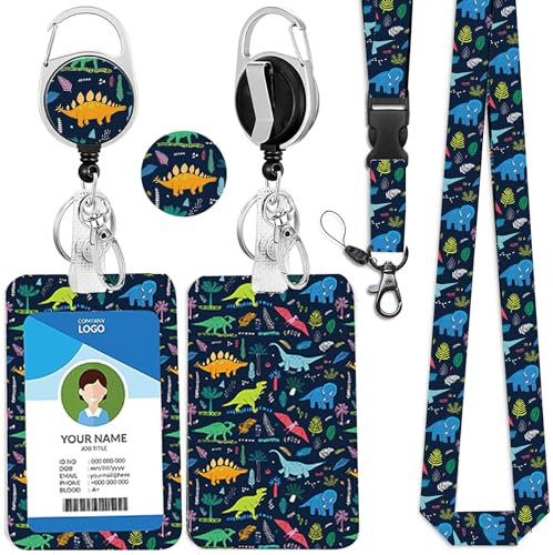 bolimoss Cordon avec porte-cartes, cordon tour de cou pour clés, porte-badge en plastique dinosaure mignon pour enfant, étudiant, bobine de badge rétractable pour carte d'identité, fournitures