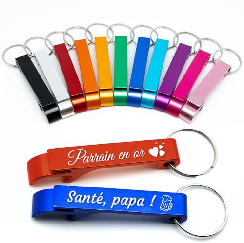 Décapsuleur porte-clé personnalisé avec Texte, icônes et décorations personnalisables, prénom, cadeau invités mariage, décapsuleur aluminium avec gravure laser