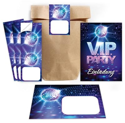 12 Einladungskarten incl. 12 Umschläge zum Geburtstag Hochzeit Jubiläum Kindergeburtstag VIP Disco Jungen Mädchen Jungendliche Erwachsene Einladung incl. 12 Umschläge, 12 Tüten/natur, 12 Aufkleber