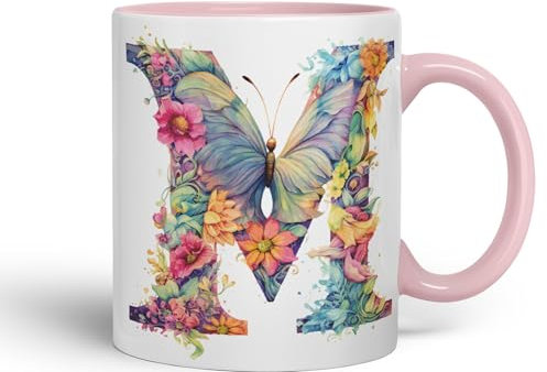 Vixar Tasse mit Buchstabe M, Blumenmotiv, Schmetterling, Alphabet, Buchstabe M, Monogramm, Aquarell, Keramik, farbige Tasse für Tee, Kaffee, Heißgebrüht, 330 ml, Geschenk (Rosa)