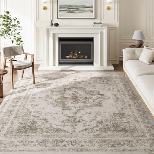 HUGEAR Vintage Bereich Teppich 240x300 cm Indoor Schlafzimmer Teppich Taupe Medaillon Waschbar Wohnzimmer Teppich Retro Akzent Werfen Teppich Distressed Teppich für Büro Esszimmer Kinderzimmer