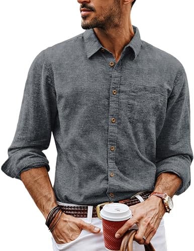 PJ PAUL JONES Mens Long Sleeve Shirts Casual Cotton Shirts Linen Shirt Smart Casual Dark Blue XL
