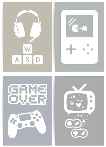 Papierkindᵀᴹ 4er Poster Set - Gaming Pixel Art Gameboy WASD Controller | Wandbilder für Gamer-Kinderzimmer | Coole Deko | Gamerzimmer Bilder | DIN A4 ohne Rahmen (A115-2)