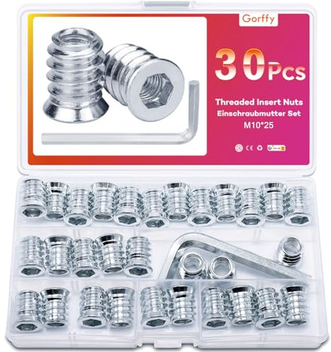 Einschraubmutter, Gorffy 30 Stück M10 X 25mm Gewindeeinsatz Holz, Legierter Stahl Einschraubmuffen Gewindebuchse, Gewindebuchse mit Schraubenschlüsse, Silbern Gewindeeinsatz mit Box