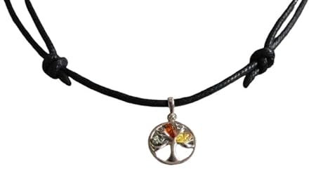 Einzigartige BERNSTEIN Kette Anhänger an gewachsten Baumwollband (Silber Lebensbaum)