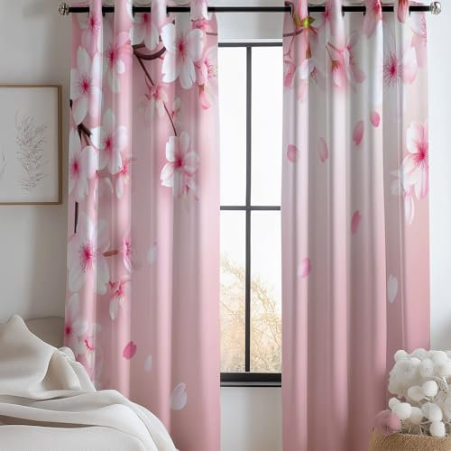 Blickdichte Vorhänge mit Ösen Elegant Blumen Kirschblüten H 160 x B 70 cm (2er Pack) Verdunkelungsvorhang Kälteschutz Vorhänge Dekoschal Deko Gardinen für Schlafzimmer Wohnzimmer Rosa