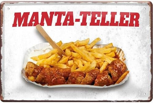 DekoDrom® Blechschild 20x30 cm Ein Manta Teller = Curry Wurst mit Pommes + Majo - lustige Wand Deko Imbiss Bar Kneipe Restaurant Küche Essen