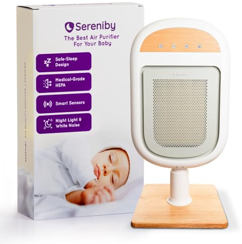 Sereniby Purificador de aire para bebé | Diseño patentado de sueño seguro | Filtración HEPA de grado médico | Sensores de temperatura y calidad del aire precisos con láser | Características