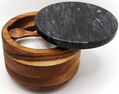 Dan&Co Acacia Wood Salt Cellar with Built in Spoon and Marble Lid 10 oz, Salt Pig for Kitchen, Sealed Seasoning Pot, Bowl Box Container for Pepper, Spices, Herbs, Rubber Feet - UK Brand