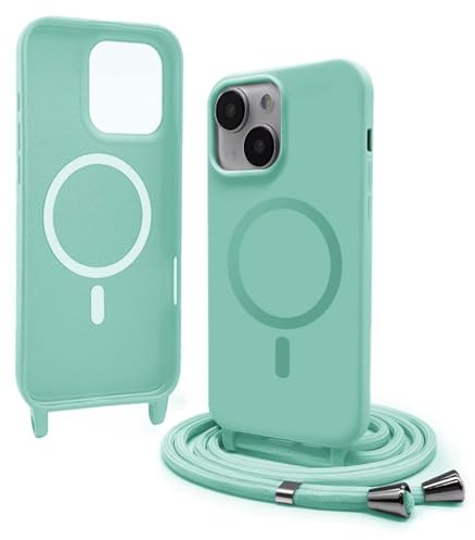 Bigcousin Funda Magnética con Cuerda Compatible con iPhone 13 Mini 5,4 Zoll,Compatible con Magsafe,Silicona Caso con Correa Colgante Ajustable Collar Correa de Cuello Cadena Cordón,Verde Menta
