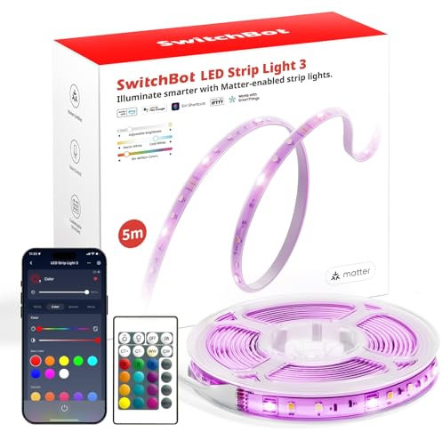SwitchBot Matter Striscia LED 5M, 72LEDs/m RGBCCT Luci LED, Telecomando e App, Compatibili con Alexa, Apple HomeKit, Google Home e SmartThings, Sync Musicale, Smart Luci LED Camera da Letto, Cucina