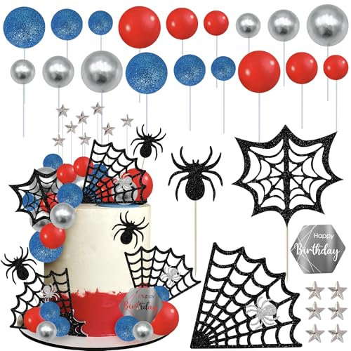 Rsstaixi Spider Theme Cake Topper Decoration Spider Web Star Balls Cake Pick for Baby Shower Boys Kids Birthday Party Cake Decorations Supplies