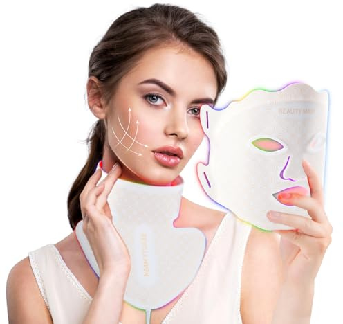USUIELIGHT LED Gesichtsmaske Lichttherapie, 7 Farben LED Maske für Gesicht und Hals mit Rotlichtlampe für Anti-Aging, Akne & Hautstraffung, professionelle Hautpflege für zu Hause Weiß