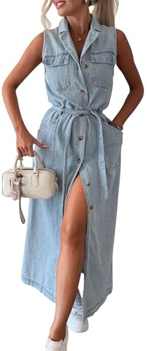 MAGIMODAC Langes Jeanskleid Ärmellos Lang Denim Kleider Sommerkleid Tunika Kleid mit Gürtel & Taschen mit Knöpfen Hemdkleid Hellblau M