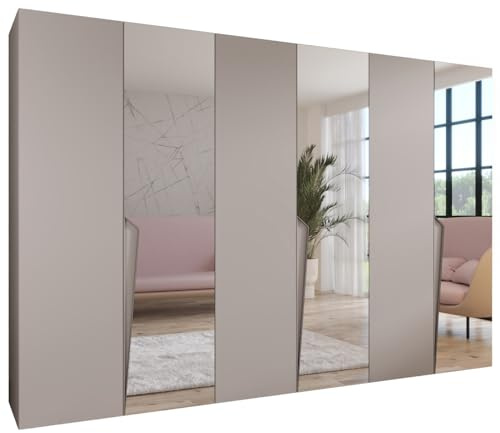 MEBLE KRYSPOL - Kleiderschrank - Garderobenschrank - 300 cm x 202 x 52 cm - Schrank mit Kleiderstange und Spiegel, 6 Türen - für Schlafzimmer, Flur - Piano, Kaschmir, Griff Kaschmir