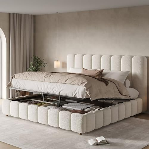 DRIXNO White Boucle King Size Bed Frame with Storage, 5ft Hydraulic Ottoman Bed with Slatted Base & Padded Headboard, 150x200cm Upholstered Gas Lift Bed with Maximum Under-Bed Space (No Mattress)