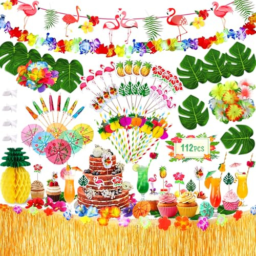 NXPZ 112 Pièces Hawaïenne Luau Table Jupe Set de Décoration, Décorations de Fête Hawaïenne, Bannière, Fleurs, Feuilles de Palmier, Parapluies Multicolores, 3D Ananas, pour Jardin, Plage, Tropicale