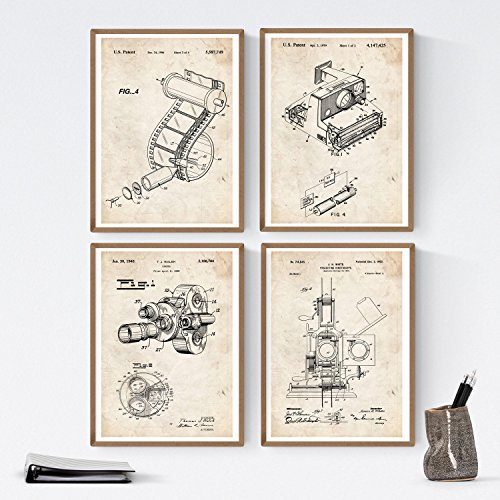Nacnic Musikinstrument Patent Poster 4er-Set | Posterset mit Erfindungen und alten Werkzeugen | Bilder von Kinetoskop, Kamera, Objektiv, Kamerafilm | Größe A4.