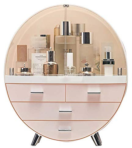 Qivange Round Cosmetic Rack Makeup Organiser Dustproof-Cosmetic Storage Makeup Holder Multifunctional Display Box Case For Lipstick, Nail Varnish, Eye Shadow, Brushes Pink/Grey 34 * 18 * 40cm