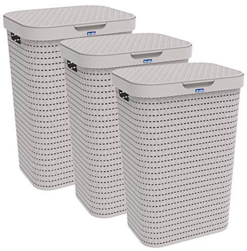Rotho Country Wäschesammler mit Deckel in Rattan-Optik, Kunststoff (PP) BPA-frei, anthrazit, (3, Beige)