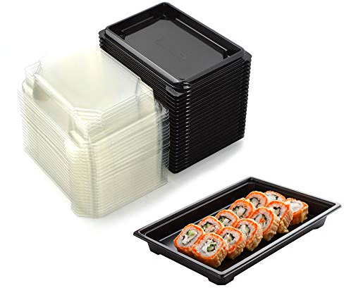 quadripack 50 bandejas negras para sushi, sashimi, pescado, ideal para llevar alrededor de 3/6 porciones + tapa transparente. Recipiente de plástico para llevar sushi