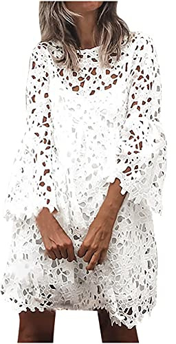 LJHH Abito Donna in Pizzo con Maniche Svasate Volant Vestito Casual Comodo Estivi Spiaggia Sexy Hawaii con Cintura Vestiti Boemia Cerimonia Partito Dress Vestito da Cocktail Banchetto Sera