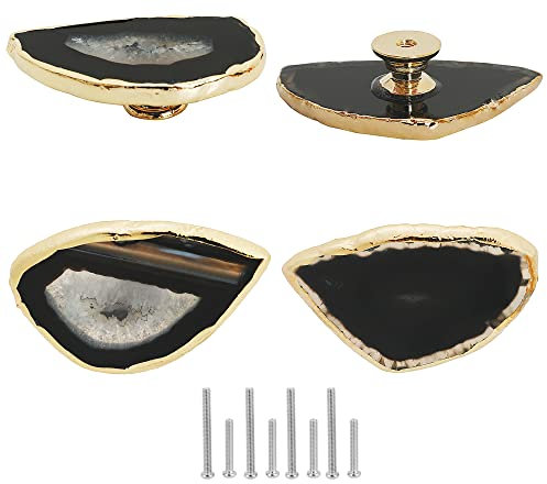 Malimali Einzigartige Schwarz Achat Schrankknöpfe und Ziehen 4er Set, Knöpfe für Schränke und Schubladen Gold Kommodenknöpfe Bifold Türknauf für Schrank Küche Schrank