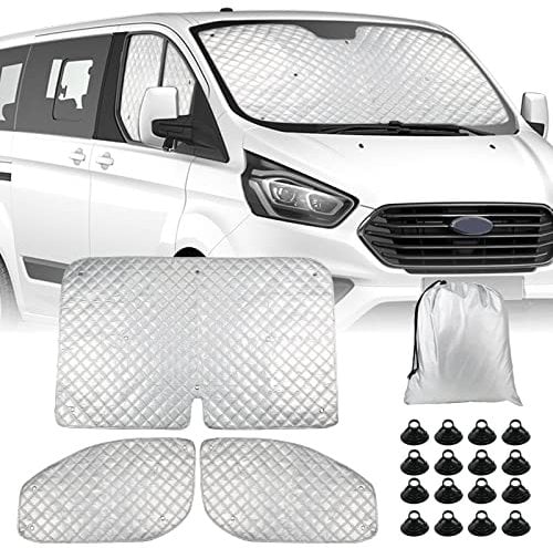 Sonnenschutz Auto Frontscheibe Ersatz für Ford Transit Custom 2012-2022, 3PCS Sonnenschutz Windschutzscheiben Schutz Set, Internes Thermomatte Set mit Aufbewahrungstasche, 100% Okklusion