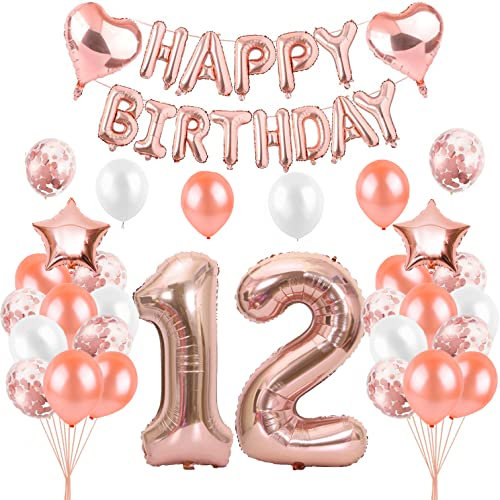 HCRXVV Rosegold 12 Geburtstag Mädchen Party Deko Set 12.Luftballons Geburtstag Teenager Mädchen Happy Birthday Girlande Geburtstagsdeko für 12 Jahre Geburtstagsluftballons