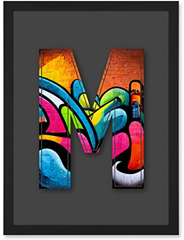Wee Blue Coo Letter M Tagging Orange Blue Pink Decorative Graffiti Mural Alphabet Initial Stencil Artwork Framed Wall Art Print A4