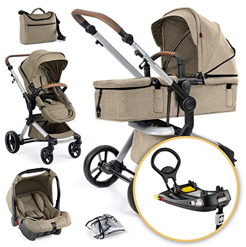 Bergsteiger Kinderwagen Lugo 4in1 | Kombikinderwagen Komplettset inkl. Zubehör - Babyschale, Buggy-Aufsatz, Sonnenschutz & Wetterfußsack | inklusive Isofix Station