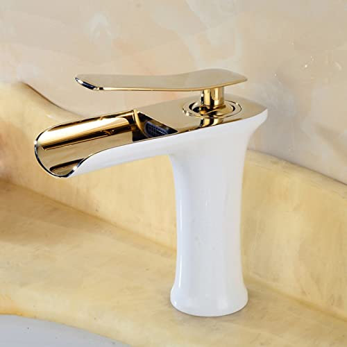 ZYCDP Wasserhahn Bad Wasserfall, Badarmatur Waschtisch Armatur Warmes und Kaltes Wasser, Waschtisch-Einhand-Einlochbatterie, Messing Kurz, Weiß Gold