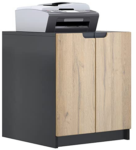 Vladon Druckerkommode Logan, Aktenschrank mit 2 Fächern und 2 Türen, Korpus in Schwarz matt, Fronten in Eiche Natur, (51 x 60,5 x 54 cm)