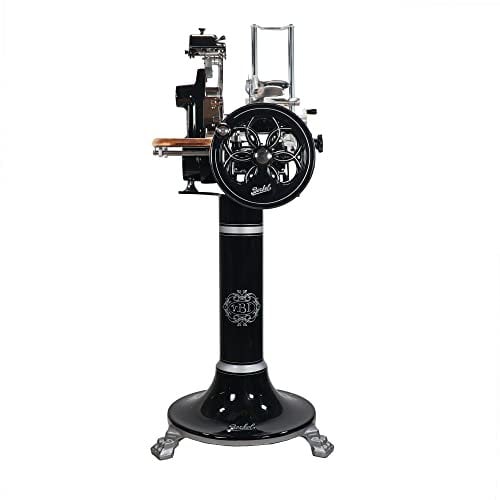 Berkel Aufschnittmaschine Volano B2 in Schwarz - Wunderschöne Schwungradmaschine mit Standfuß + 100% Handgefertigtem Faßholzbrett Unikat